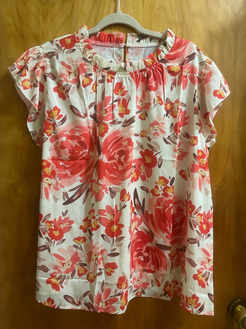 Floral Cap-Sleeve Blouse in Coral and Pink